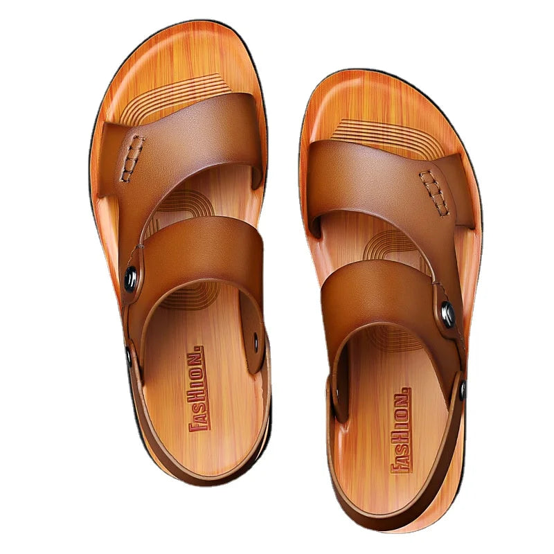 Sandália Masculina em Couro Tecnológico com Sola Ortopédica Confortável