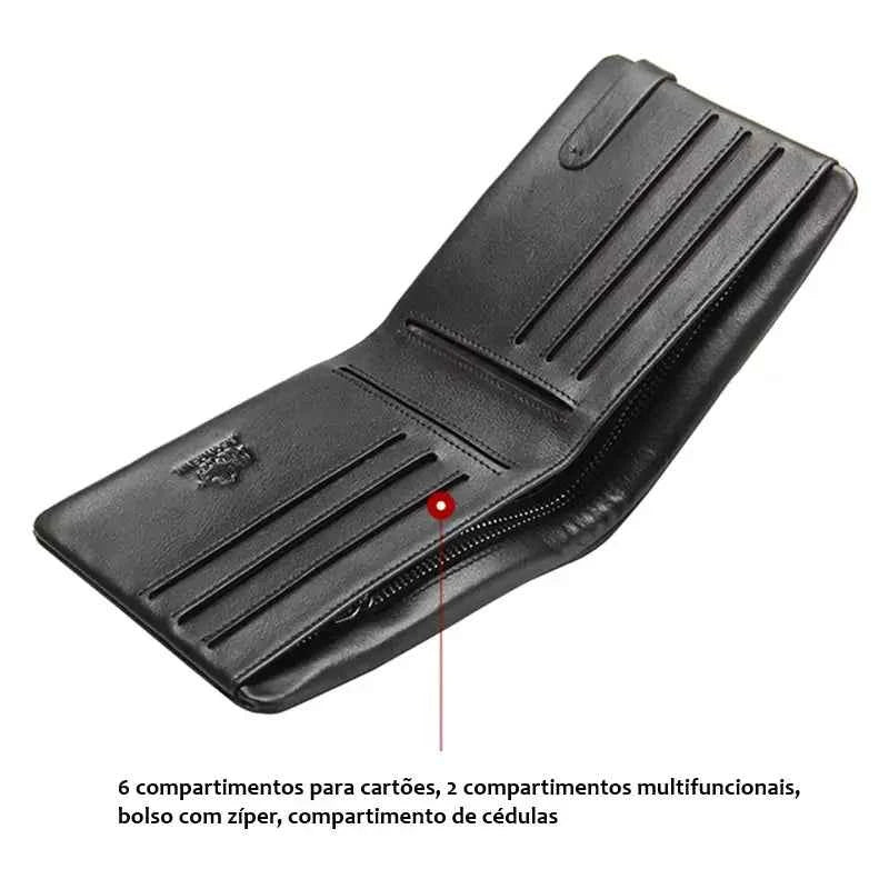 Carteira de Couro Masculino Bison Denim Orion com Zíper e 6 Compartimentos