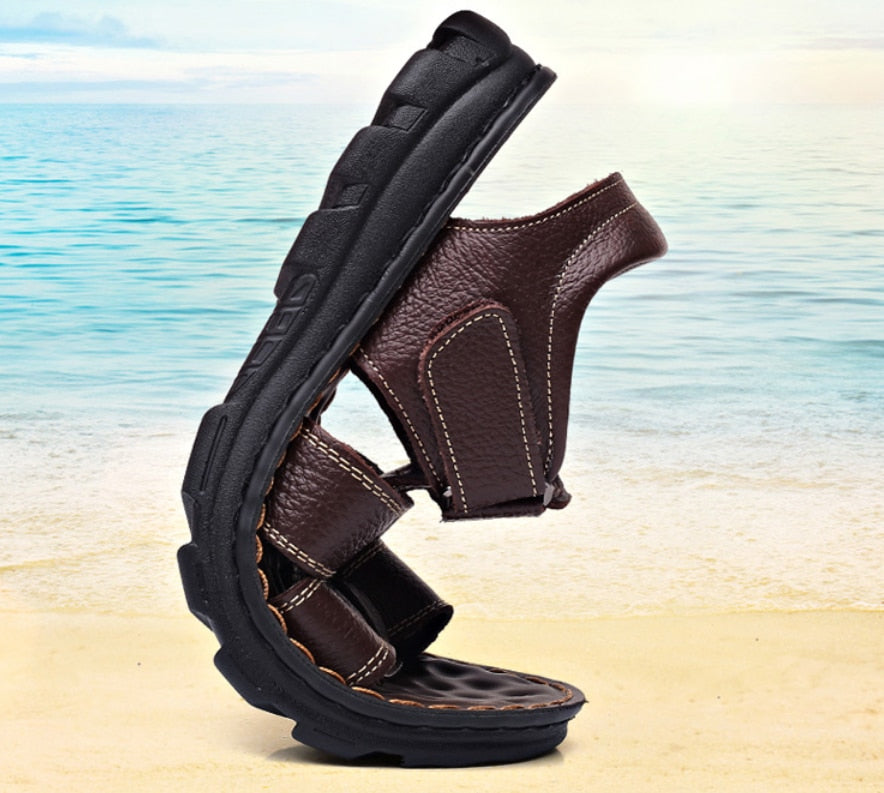 Sandália Masculina de Couro Genuíno com Suporte Ortopédico