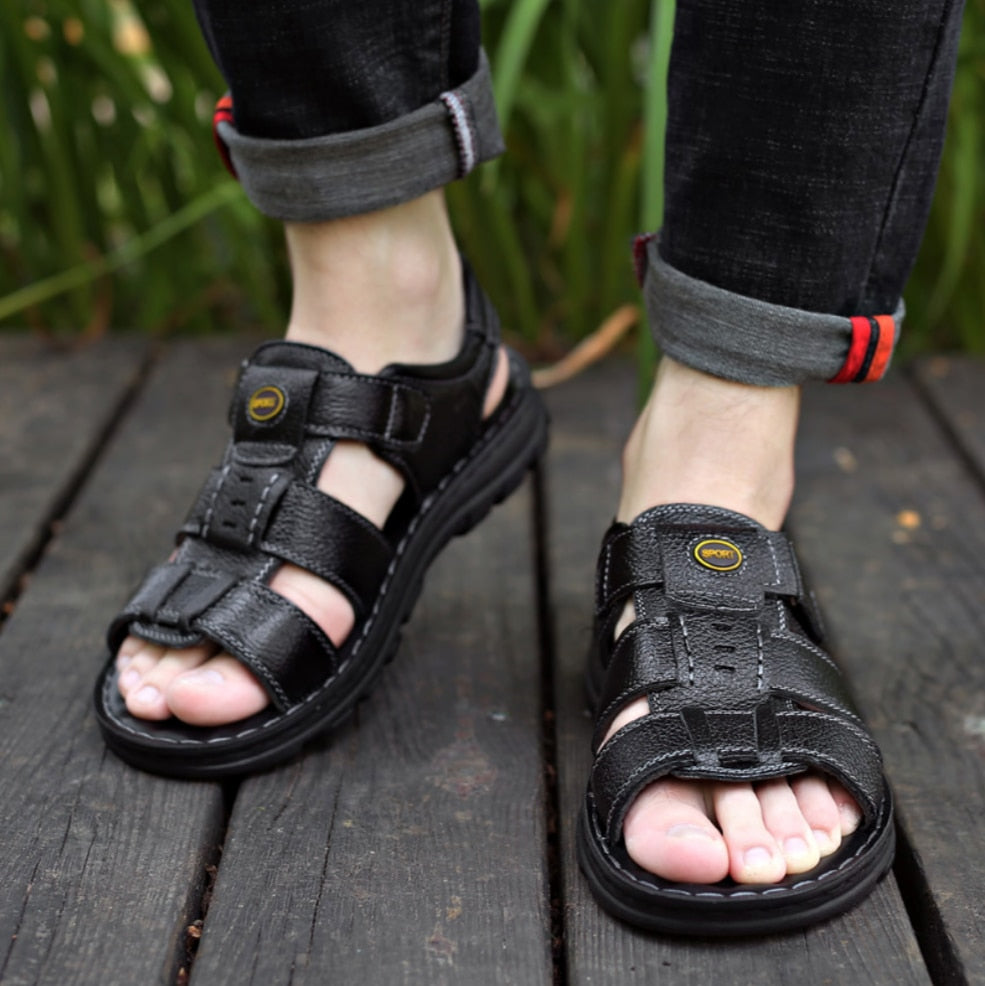 Sandália Masculina de Couro Genuíno com Suporte Ortopédico