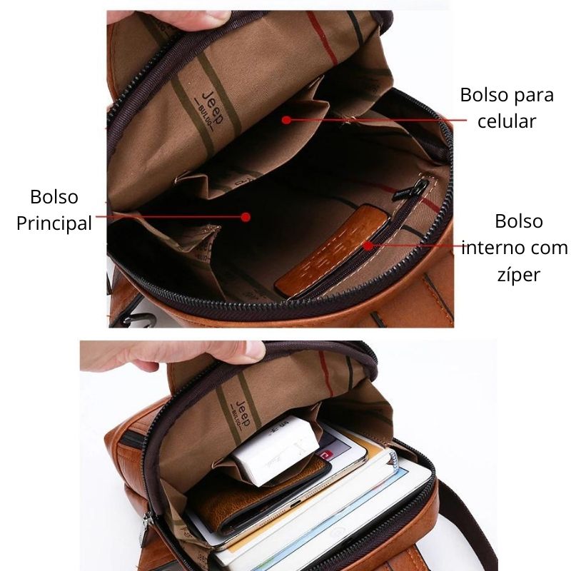 Bolsa masculina de couro transversal tipo mochila