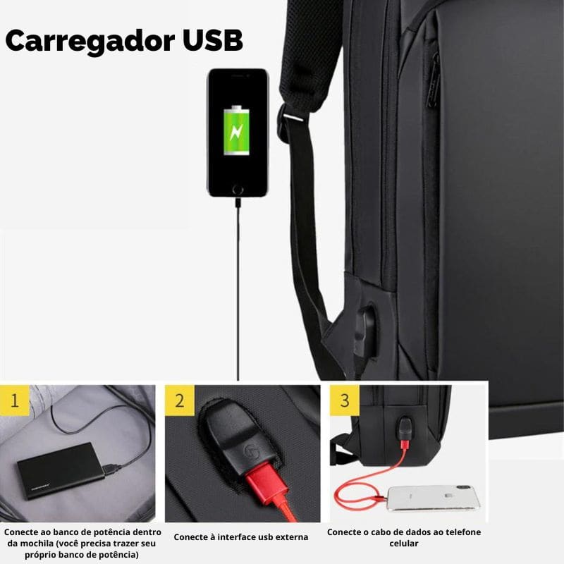 Mochila para notebook com carregador USB e à prova d'água